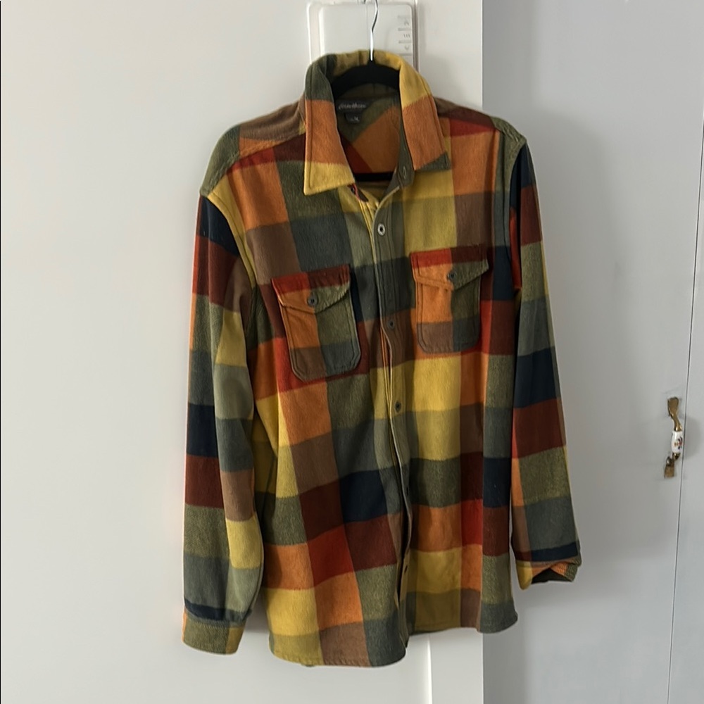 Eddie Bauer Plaid Flannel Shirt Jacket in Mustard, Olive & Rust